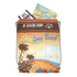 A drawstring backpack in orange, featuring a beach design with palm trees. It has items like a map and books peeking out.