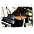 A black piano with its lid open, set against a backdrop of sheet music, featuring a logo in the corner.
