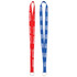 Two custom 10mm nylon lanyards in red and blue, each featuring a logo and metal ring for attachment.