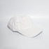 A white denim cotton baseball cap with a buckle strap and a logo on the side.
