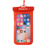 A waterproof phone pouch in bright red with a transparent front, featuring a logo at the top.
