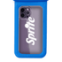 A waterproof phone pouch in bright blue, featuring a clear front and a logo on the visible phone case.