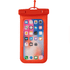 A red waterproof phone pouch with a clear front, displaying a smartphone screen and icons. It has a logo on it.