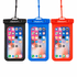 Three waterproof phone pouches in black, blue, and red, featuring a transparent front and a logo.