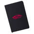 A black A5 notebook featuring a vibrant pink logo on the cover. It has a sleek, minimalist design.