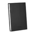 A black leather refillable journal featuring a sleek design and a logo on the front.