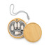 A circular bamboo set containing various USB charging cables tucked inside a grey holder, featuring a strap.