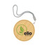 A bamboo wireless charger with a circular design and a silver strap, featuring a logo on the surface.