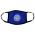 A blue cotton face mask with a black trim and a circular floral emblem in the centre.