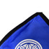 A blue cotton face mask with a black edge and a circular logo on the front.