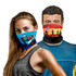 Two people wearing custom neck gaiters featuring vibrant colours and designs, including artistic patterns and a logo.