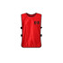 A red sports vest featuring a logo, with adjustable straps on the sides.