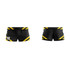 Rugby/AFL shorts in black with yellow stripes. Features a number on one side and a logo.