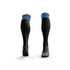 A pair of black sports socks featuring blue stripes at the top and a fitted design. Includes branding on the side.
