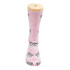 A pair of pink dress socks featuring a repeated pattern and a display stand with a logo.