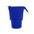 A blue canvas expandable pencil case with a zip closure and strap detail. It has a plain design and includes branding.