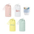 A foldable drawstring pencil case in pink, white, mint, and yellow, featuring a logo on one case.