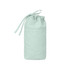 A mint green foldable drawstring pencil case featuring a gathered top and a front pocket, with a logo.