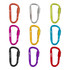 A collection of nine custom D-shaped camping carabiners in various colours, including silver, purple, orange, and green, featuring logos.