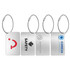 Four metal luggage tags with silver finishes, featuring various shapes and logos, attached to wire loops.