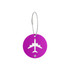 A purple round luggage tag featuring an airplane design and a metal wire attachment.