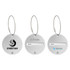 Three round wire cable luggage tags in silver, featuring different logos and a space for a name.
