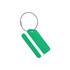 A green square aluminium luggage tag with a white space for a name and a durable metal loop.