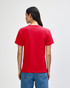 A red heavyweight cotton unisex T-shirt displayed from the back, featuring a logo.