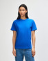A blue heavyweight cotton unisex T-shirt displayed on a model, featuring short sleeves and a simple design.