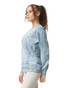A blue tie-dye crewneck sweatshirt with long sleeves, featuring a subtle pattern and a fitted silhouette.