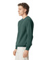 A green adult crewneck sweatshirt is displayed on a model from a side view. It features a simple design and has a logo.