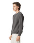 A grey adult crewneck sweatshirt displayed on a model, featuring a simple design and a logo.