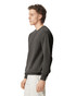 A grey adult crewneck sweatshirt displayed on a model from the side, featuring a simple design and a logo.