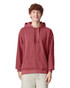 A red adult hooded sweatshirt featuring a front pocket and a logo. The model has a relaxed fit with the hood up.