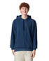 A navy adult hooded sweatshirt featuring a front pocket and a drawstring hood, worn by a smiling person.