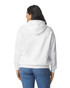 A white adult hooded sweatshirt with a rear view, featuring a hood and a loose fit.
