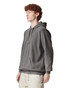 A grey adult hooded sweatshirt with a front pocket and drawstring hood, featuring a logo on the chest.