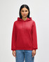 A red Gildan Heavy Blend adult hooded sweatshirt with a front pocket and drawstring hood, featuring a logo.