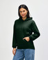A green hooded sweatshirt stands on a model, featuring a front pocket and drawstring hood. It has branding on the garment.