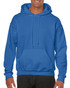A blue Gildan Heavy Blend adult hooded sweatshirt featuring a front pocket and a hood, modelled by a smiling person.