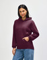 A maroon hooded sweatshirt with a front pocket and a drawstring hood. It features a branding logo.