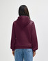 A maroon hooded sweatshirt with a plain back, featuring a logo on the front.