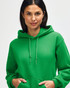 A green hooded sweatshirt featuring a woman with long hair, wearing the hood and posing. The sweatshirt has a logo.