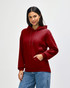 A red hooded sweatshirt with a front pocket and a logo, featuring a relaxed fit and drawstring hood.