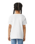 A white short sleeve youth T-shirt with a simple design, featuring a logo on the front.