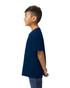 A youth midweight T-shirt in navy blue, viewed from the back, featuring a plain design and a logo.