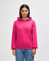 A vibrant pink youth hooded sweatshirt featuring a front pocket and a logo.