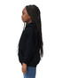 A black Gildan Heavy Blend youth hooded sweatshirt displayed on a child from the side, featuring a hood and pockets.