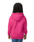A bright pink youth hooded sweatshirt with a back view. The hoodie has a kangaroo pocket and long sleeves.
