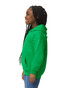 A green youth hooded sweatshirt with a kangaroo pocket, displayed on a girl with braided hair.